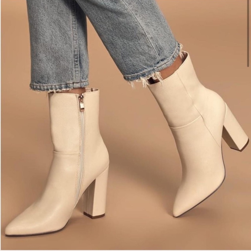 Lulus Cream Block Heel Boots Size 5.5 | Pointed Toe Mid Calf Booties